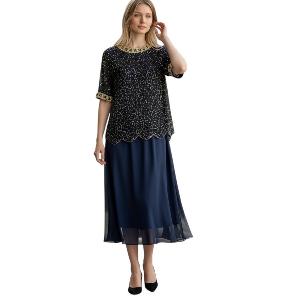 Scala‎ Blouse Women Vintage Beaded Sequin Blue Silk Tunic Top Women's 2X Holiday